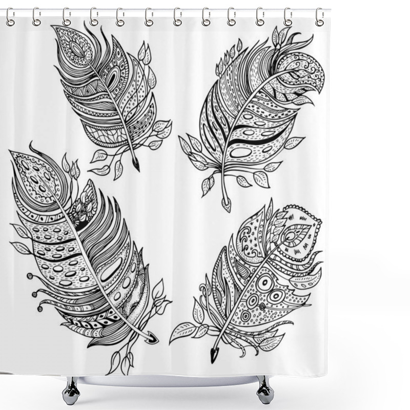 Personality  Hand Drawn Line Art Of Feathers With Ornaments Shower Curtains