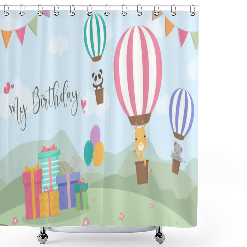 Personality  Happy Birthday Cartoon Card With Air Balloons,Vector Illustration,Birthday Greeting Cards With Cute Animals,Funny Animals On Hot Air Balloon Shower Curtains