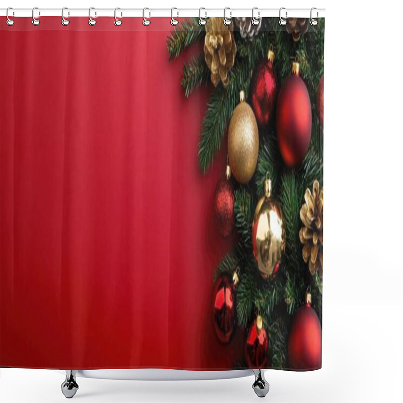 Personality  Festive Christmas Decorations With Red And Gold Ornaments On A Vibrant Red Background. Shower Curtains