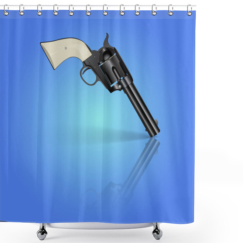 Personality  Revolver On Blue Background. Vector Illustration. Shower Curtains