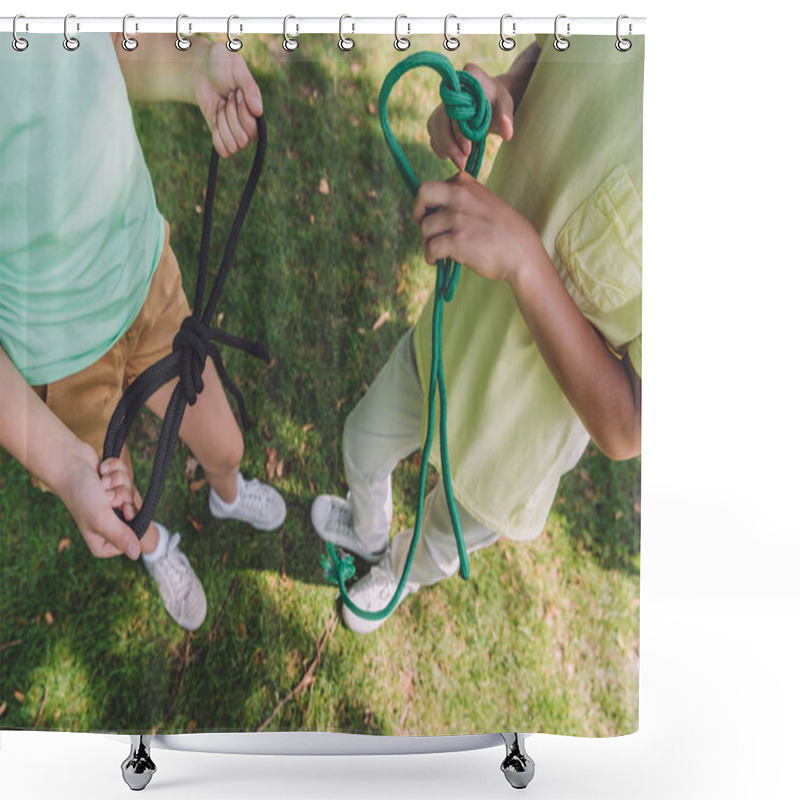 Personality  Overhead View Of Kids Holding Ropes With Sea Knots Outside  Shower Curtains