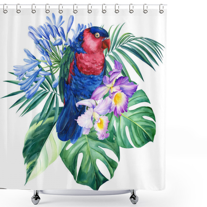 Personality  Watercolor Illustration With Parrot, Tropical Leaves, Flowers. Isolated On White Background Shower Curtains