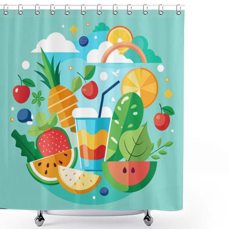 Personality  Summer Fresh Vector Art With Tropical Fruits And Beach Scene Shower Curtains