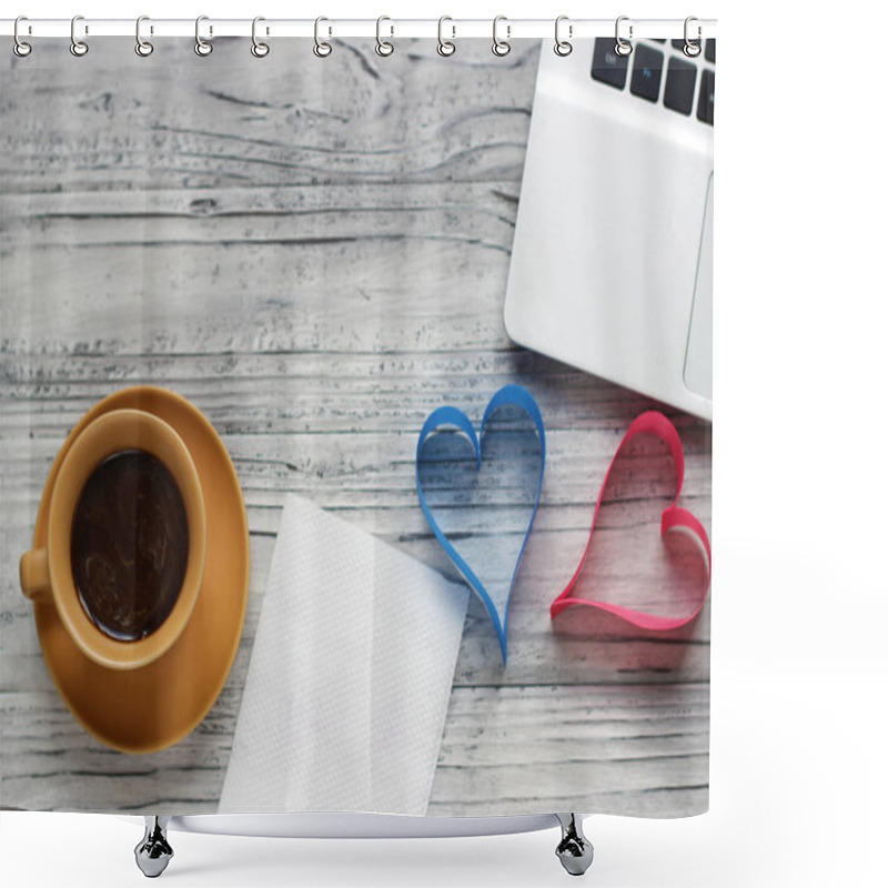 Personality  Background Of A Valentine On A Wooden Table With A Laptop Cup Of Shower Curtains