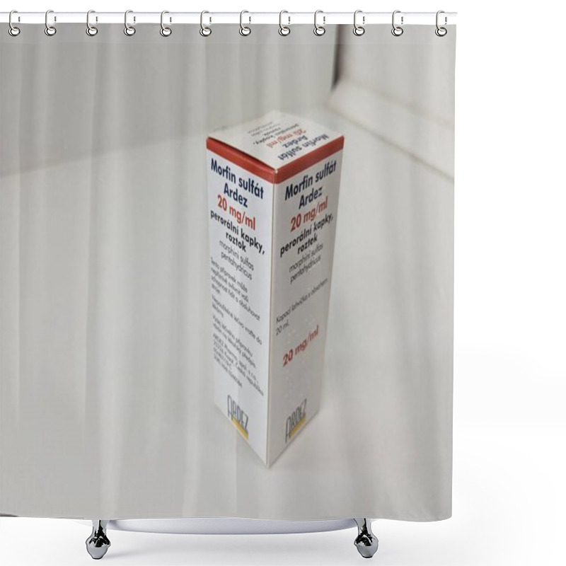 Personality  Prague,Czech Republic-October 9 2024: MORFIN SULFAT By ARDEZ Contains MORPHINE SULFATE, An Opioid Analgesic Used To Treat Severe Pain In Patients Requiring Continuous Pain Management Shower Curtains