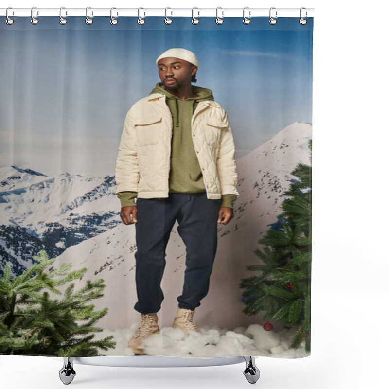 Personality  Handsome African American Man In Jacket And Beanie Hat Standing Next To Fir Trees, Winter Concept Shower Curtains