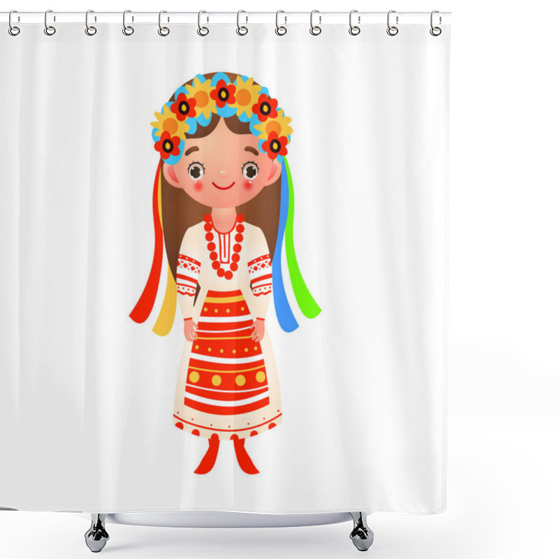 Personality  Ukrainian Girl In Traditional Folk Dress With Ribbons And Flowers. Vector Illustration In Flat Cartoon Style. Shower Curtains