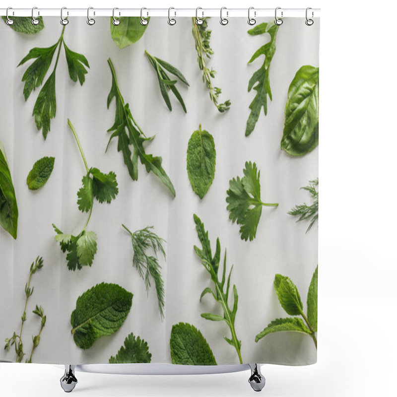 Personality  Top View Of Arugula, Basil, Cilantro, Dill, Parsley, Rosemary And Thyme Twigs On White Background Shower Curtains