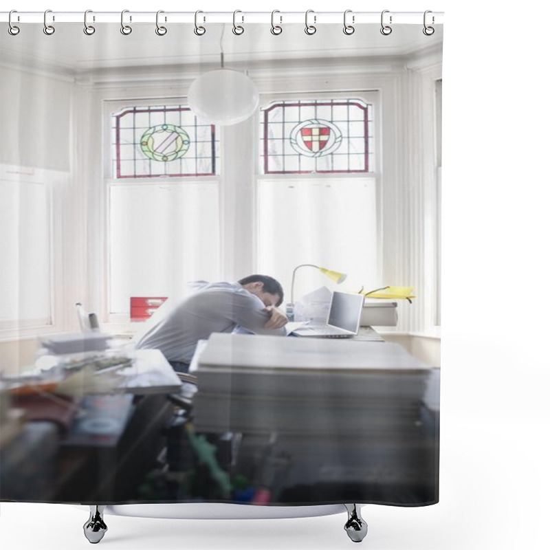 Personality  Man Sleeps At Desk Shower Curtains