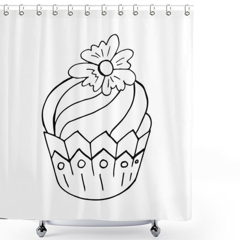 Personality  Cupcake Linear Icon With Flower, Muffin In Hand Draw Style. Vector Illustration For Your Design. Outline Drawing, Coloring Book. Sign Shower Curtains