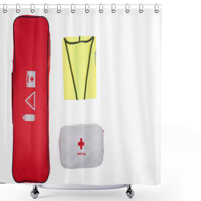 Personality  Flat Lay With Automotive Handbag, First Aid Kit And Reflective Vest Isolated On White Shower Curtains