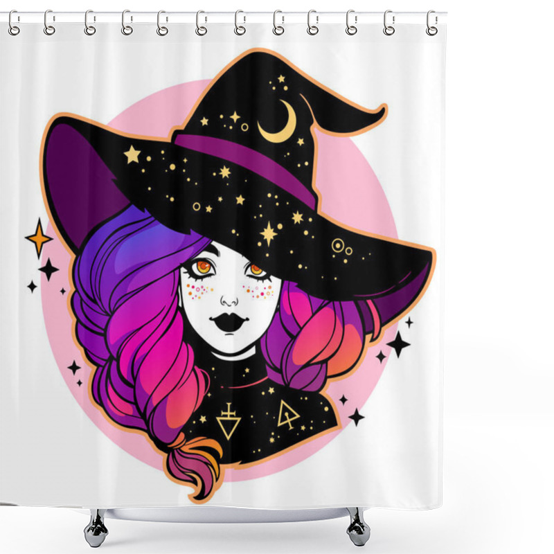 Personality  Cute Young Witch With Beautiful Iridescent Hair Shower Curtains