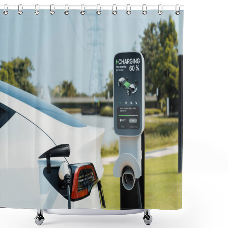 Personality  Electric Vehicle Or EV Car Recharge Battery At Charging Station Connected To Power Grid Tower Electrical Industrial Facility As Electrical Industry For Eco Friendly Vehicle Utilization. Expedient Shower Curtains