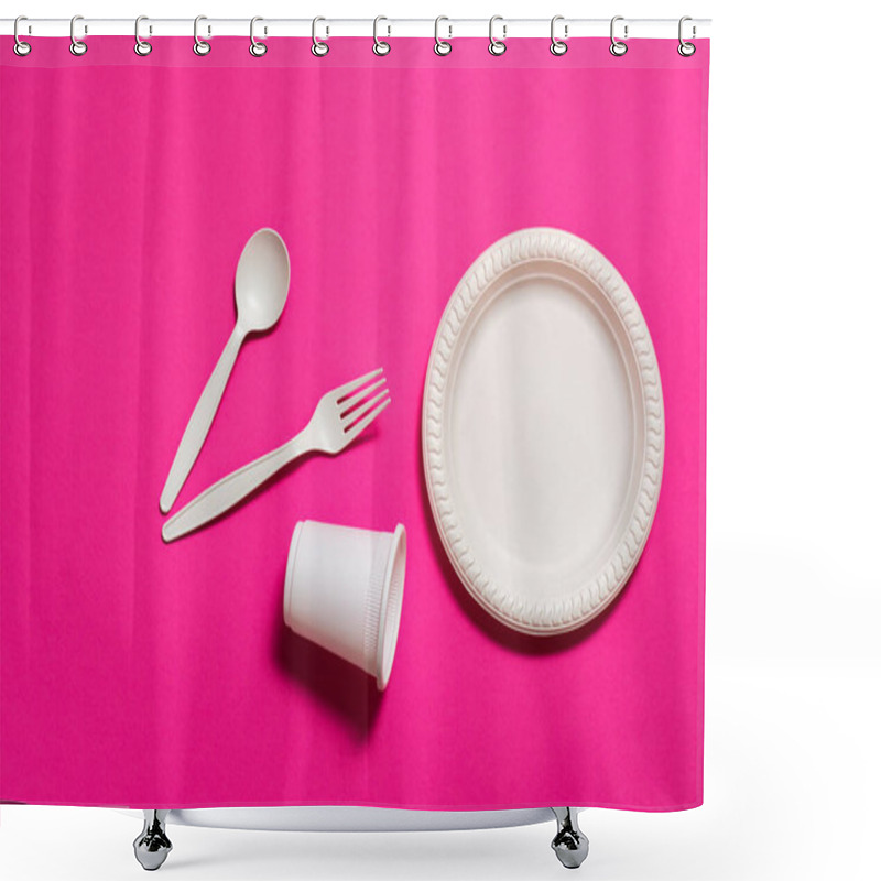 Personality  Set Of Biodegradable Disposable Tableware On A Pink Background. Spoon, Fork, Plate, Glass Of Corn Starch. Eco Friendly. Modern Ecological Biomaterials Replacing Plastic. Shower Curtains