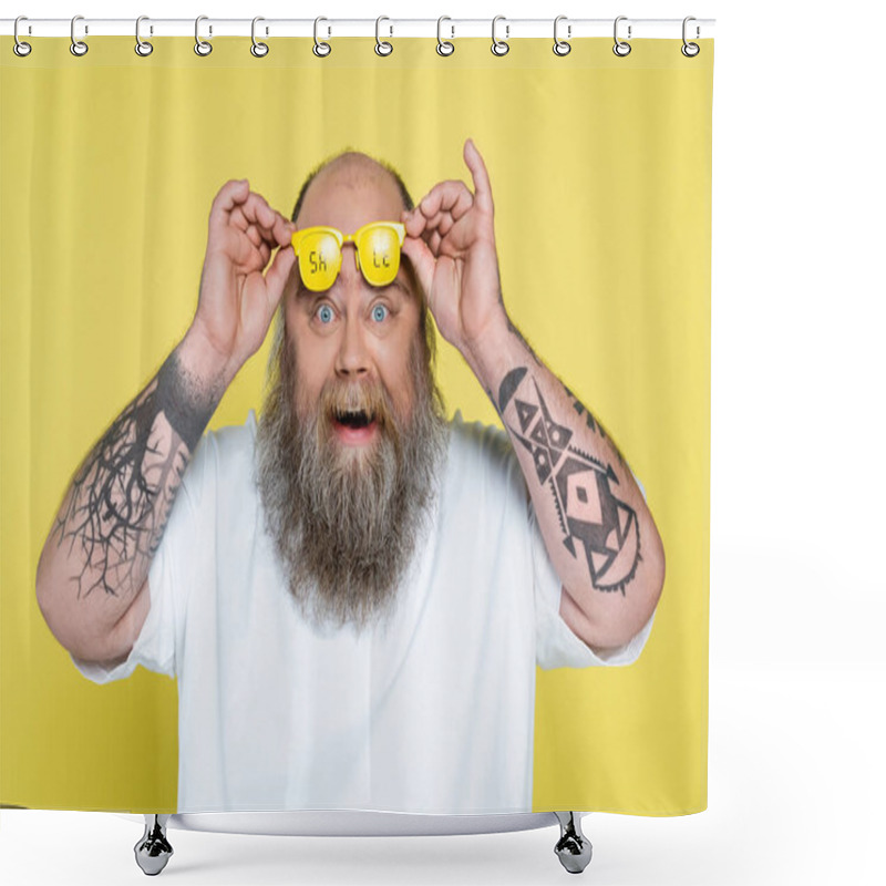 Personality  Amazed Tattooed Plus Size Man Holding Glasses With Sale Lettering Isolated On Yellow Shower Curtains