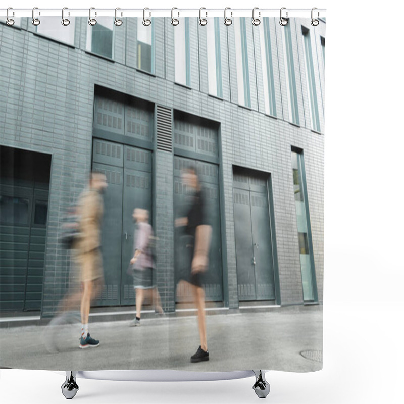 Personality  Motion Blur Of People Walking On Modern Street Near Grey Building  Shower Curtains