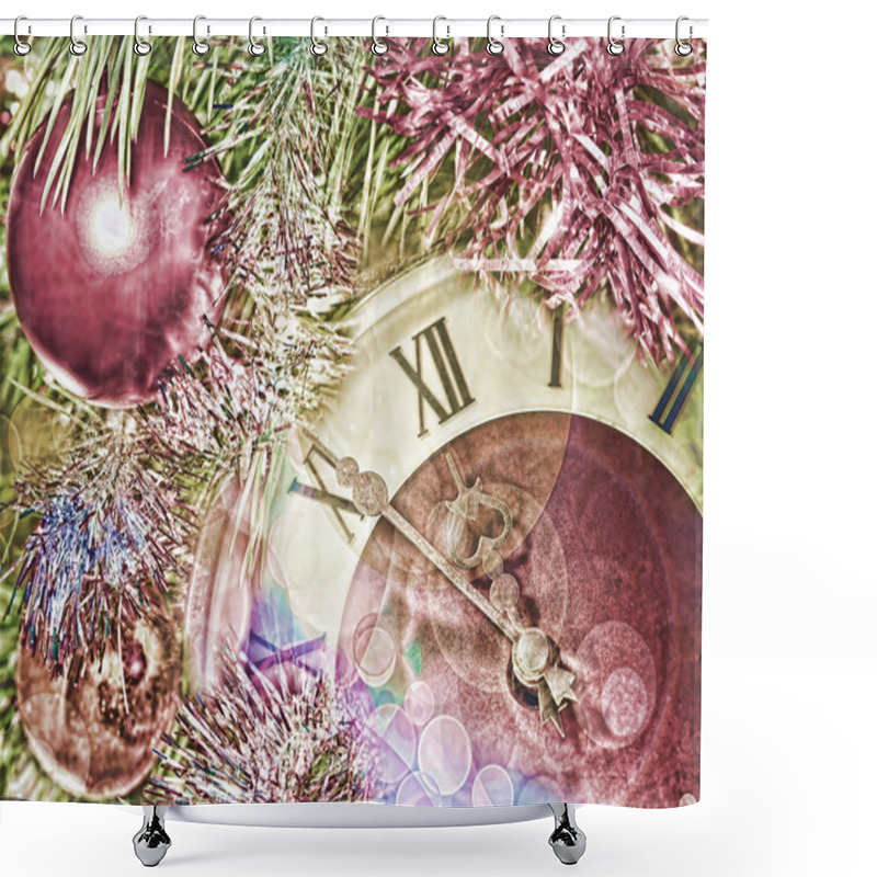 Personality  Eve Of New Year.Clock Face And Christmas Balls. Shower Curtains