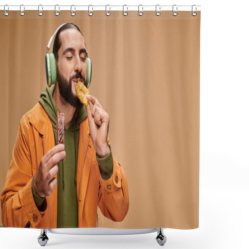 Personality  Joyful Man In Headphones Eating Delicious Honey Baklava On Beige Backdrop, Turkish Delights Shower Curtains