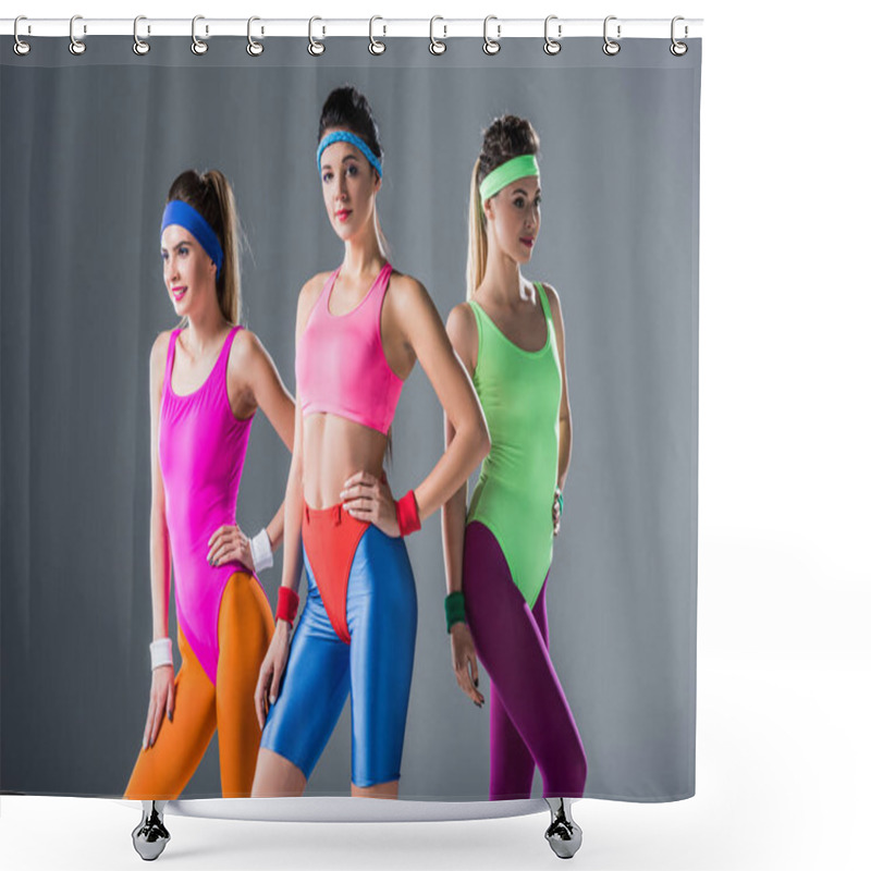 Personality  Beautiful Sporty Girls In 80s Style Sportswear Posing Together Isolated On Grey Shower Curtains