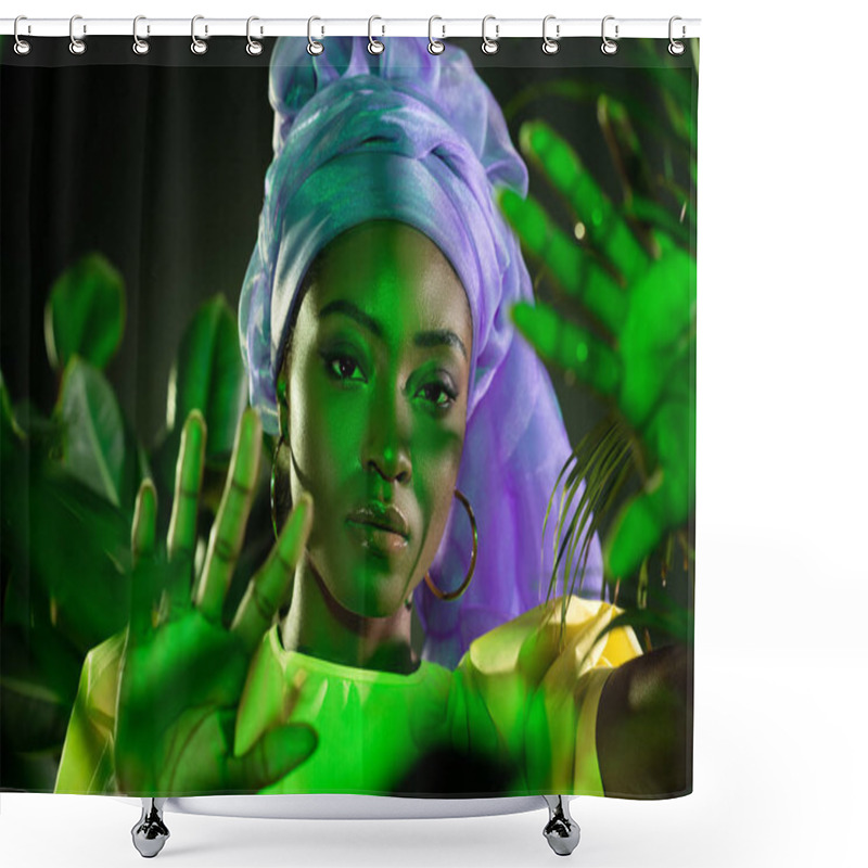 Personality  Young African American Woman In Traditional Wire Head Wrap Under Green Light Shower Curtains