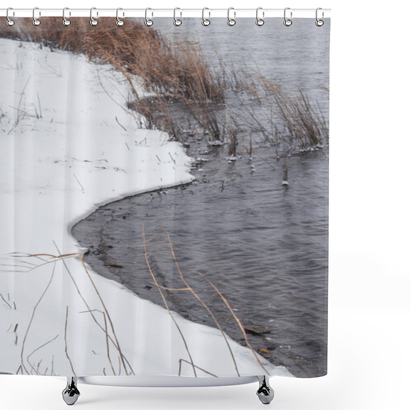 Personality  Riverbank With Ice And Snow River In Winter. River In Winter. Winter Creek Shower Curtains