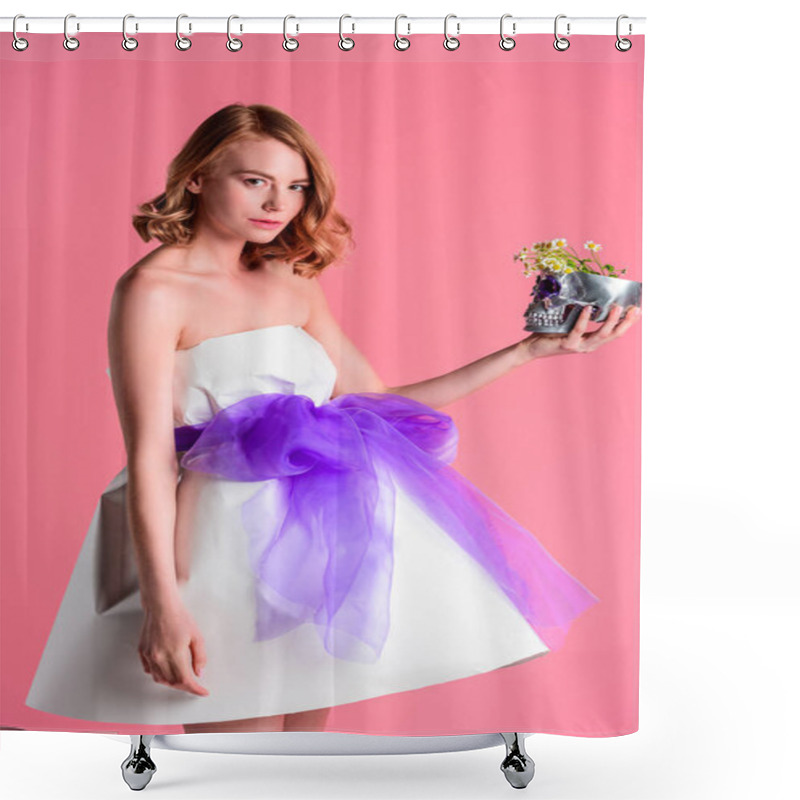 Personality  Beautiful Young Woman Holding Decorative Silver Skull With Flowers And Looking At Camera Isolated On Pink Shower Curtains