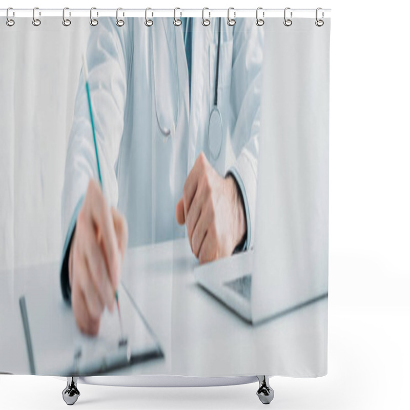 Personality  Cropped View Of Doctor Writing Prescription On Clipboard, Panoramic Shot  Shower Curtains