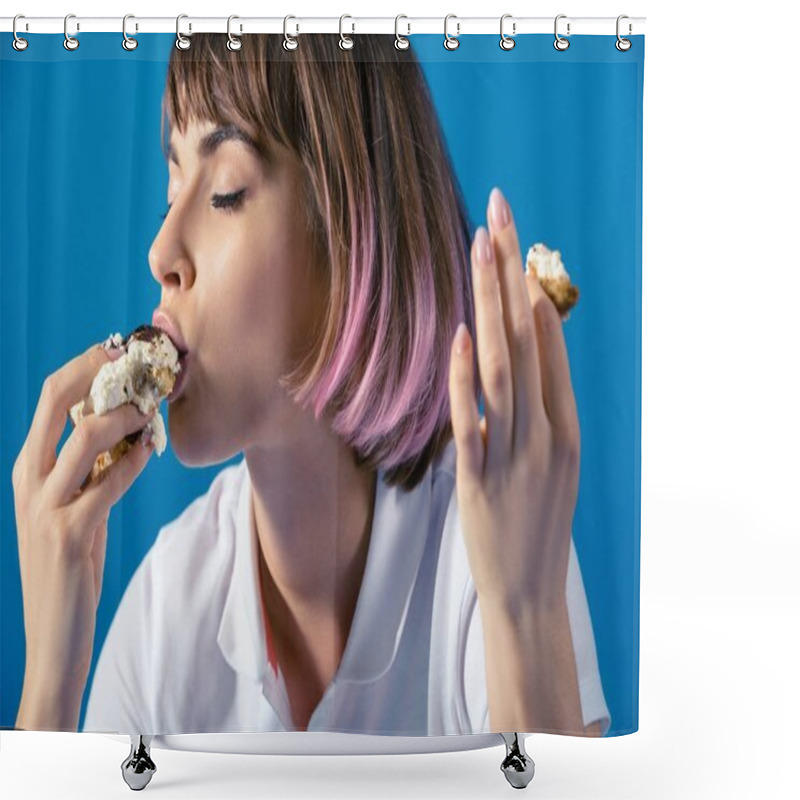 Personality  Sexy Attractive Woman Eating Piece Of Pie Isolated On Blue Shower Curtains