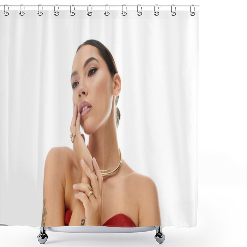 Personality  A Young Woman Poses Gracefully, Highlighting Her Elegance And Stunning Makeup. Shower Curtains