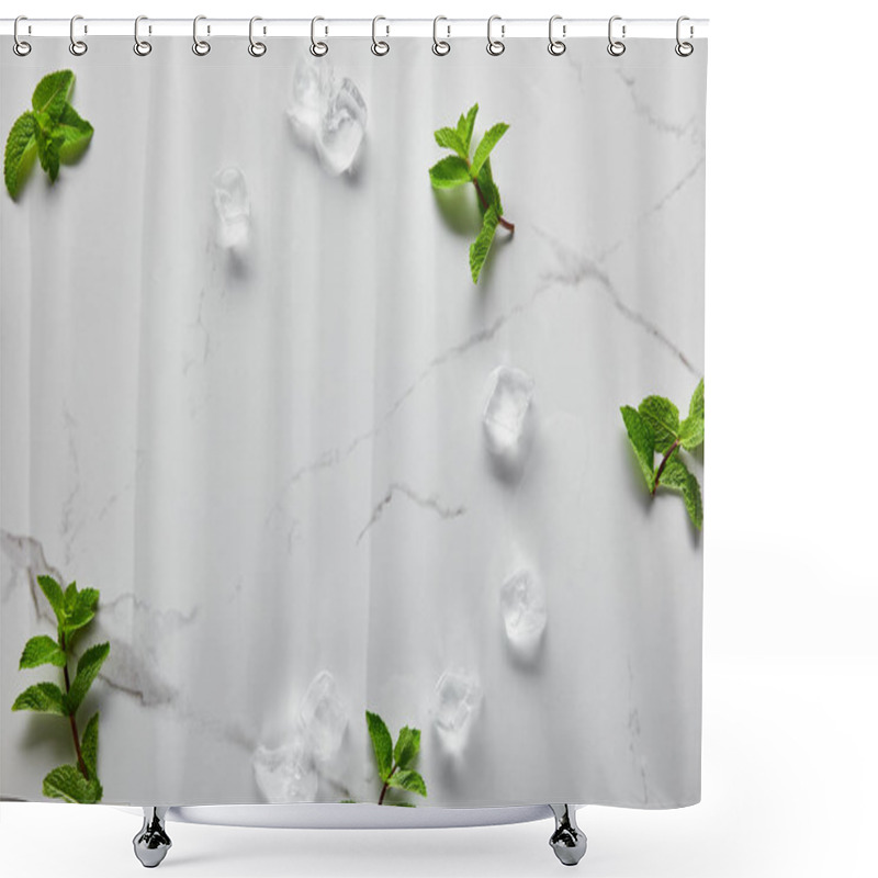 Personality  Top View Of Green Fresh Mint And Ice Cubes On Marble Surface Shower Curtains