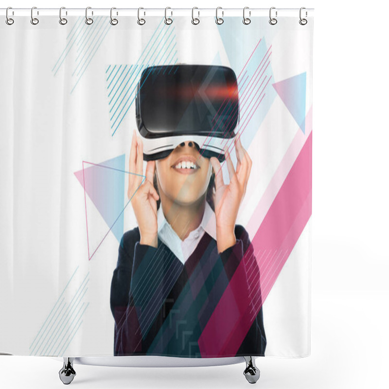 Personality  African American Schoolgirl Using Virtual Reality Headset Isolated On White, Geometric Illustration Shower Curtains