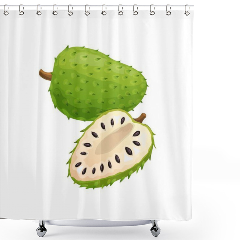 Personality  Soursop Or Sour Apple Whole And Cut Isolated Tropical Fruit. Vector Annona Muricata Edible Fruit, Sirsak Chirimoya Or Chirimuya, Custard Apple With Black Seeds. Indonesian Fruits Organic Healthy Food Shower Curtains