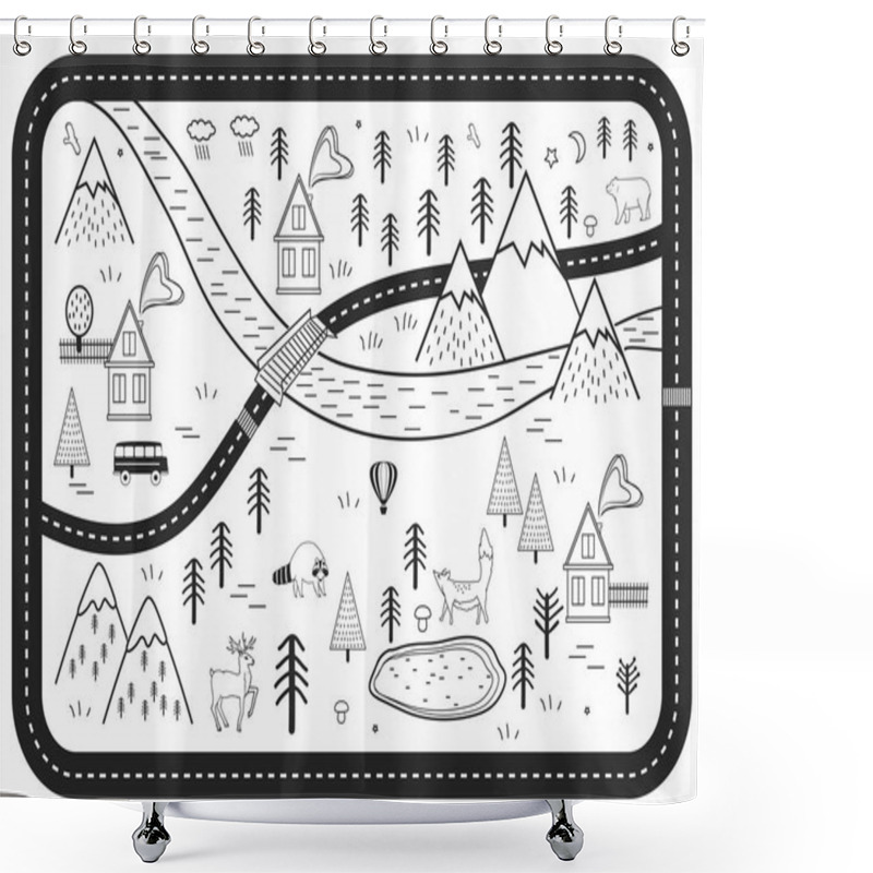 Personality  Black And White Kids Road Play Mat. Vector River, Mountains And Woods Adventure Map With Houses And Animals. Scandinavian Style Art Print Shower Curtains