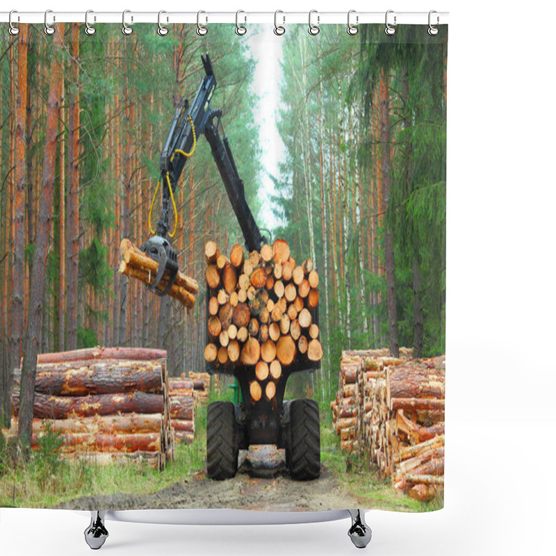 Personality  Lumberjack With Modern Harvester Working In A Forest. Shower Curtains