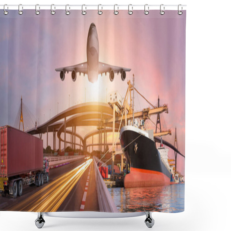 Personality  Panorama Transport And Logistic Concept By Truck Boat Plane For Logistic Import Export Background Shower Curtains