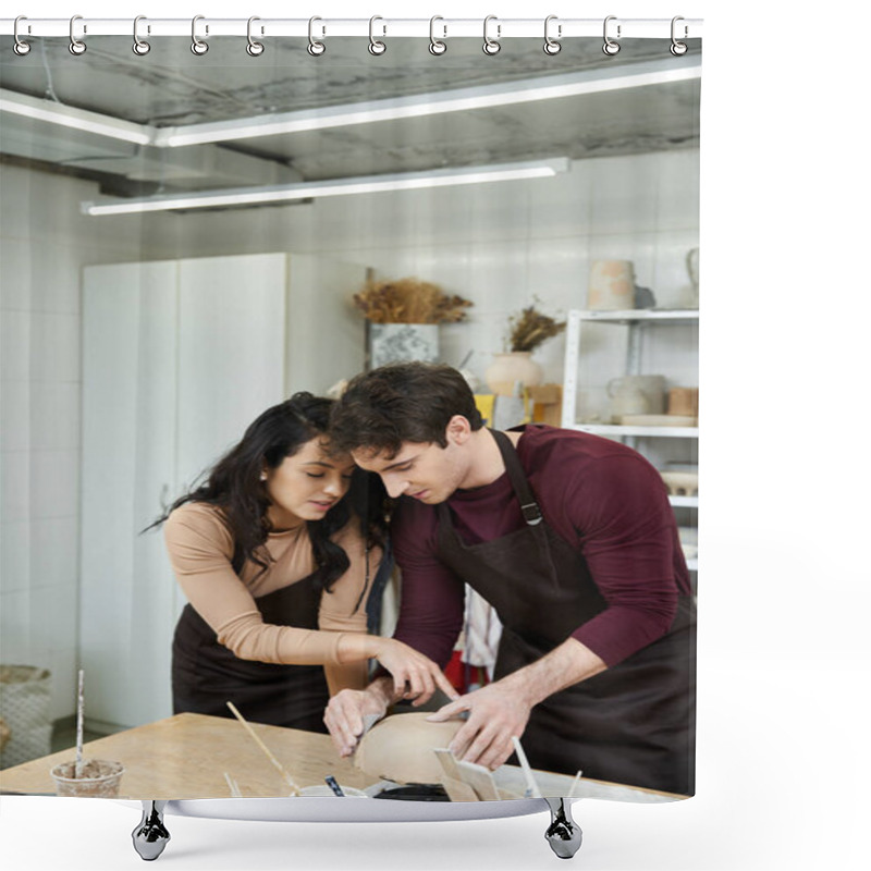 Personality  A Couple Joyfully Crafts Pottery Together In A Stylish Studio. Shower Curtains