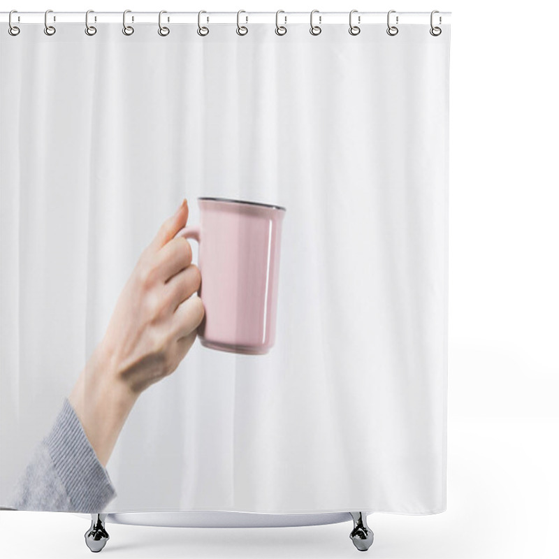 Personality  Cropped Shot Of Woman Holding Pink Mug In Hand Isolated On White Shower Curtains