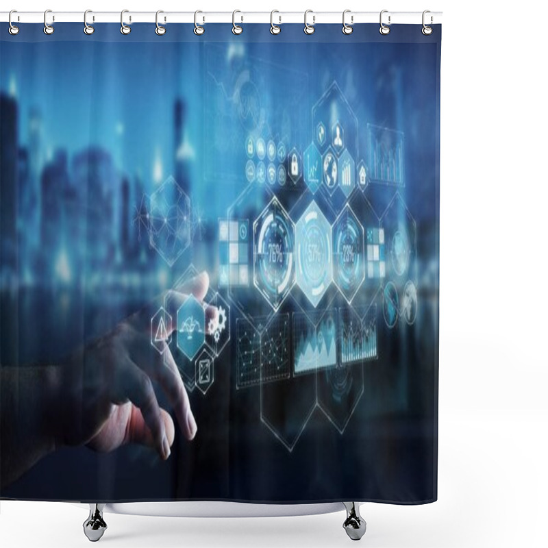 Personality  Businessman Using Holograms Datas On Digital Screens 3D Renderin Shower Curtains