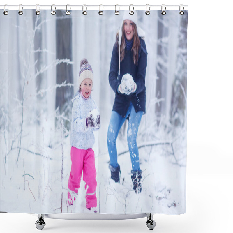 Personality  Mother And Her Little Toddler Daughter Playing With Snow Balls Shower Curtains