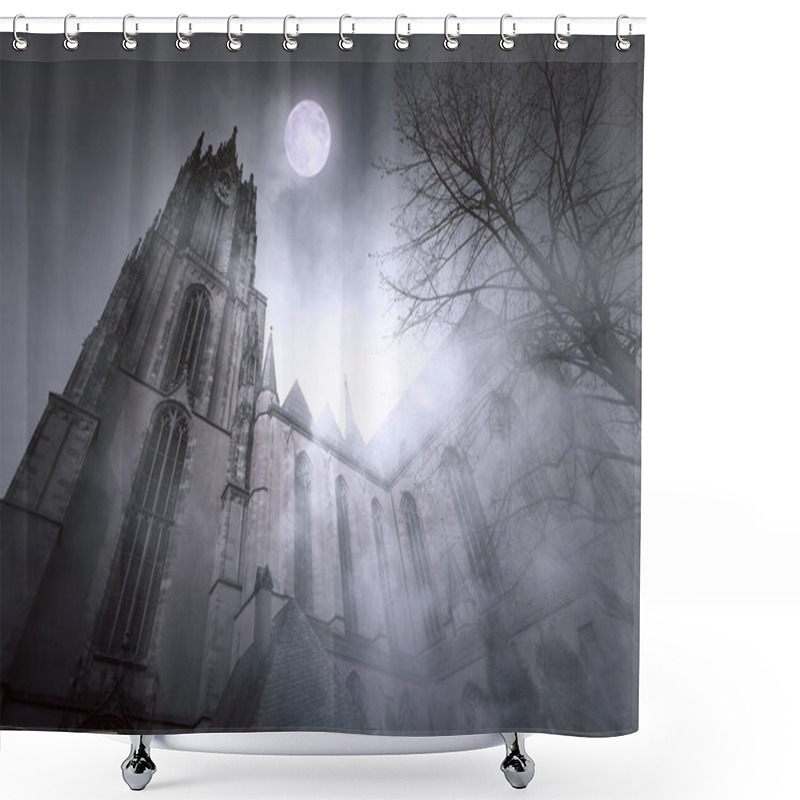 Personality  Old Gothic Church With Moonlight And Foggy Night In Frankfurt In Germany  Shower Curtains