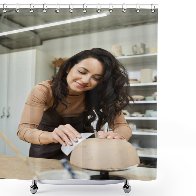 Personality  Jolly Good Looking Woman With Dark Hair Making Pottery. Shower Curtains