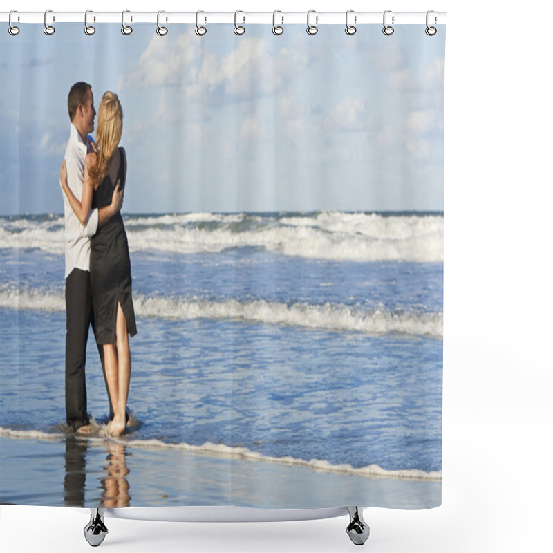 Personality  Man And Woman Couple Having Fun Embracing On A Beach Shower Curtains