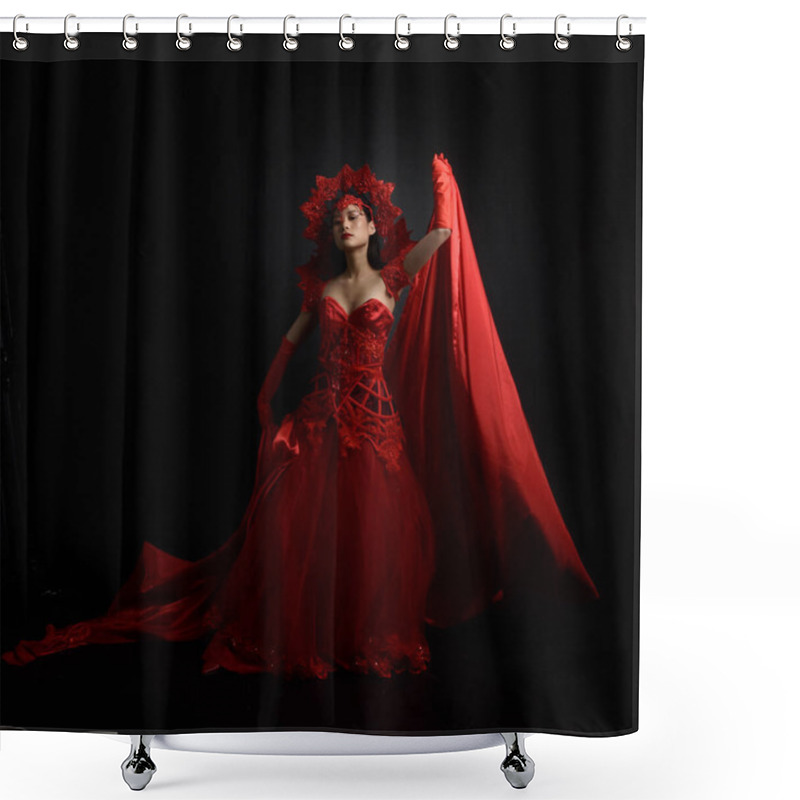 Personality  Dramatic Portrait Of Beautiful Young Asian Woman Wearing Red Corset, Long Opera Gloves And Ornate Gothic Queen Crown. Graceful Posing Isolated On A Dark Studio Background. Shower Curtains