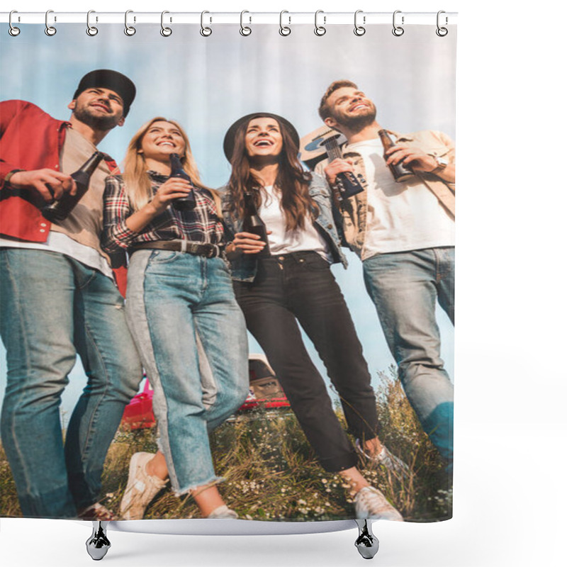 Personality  Bottom View Of Group Of Young People With Beer Bottles And Guitar On Field Shower Curtains