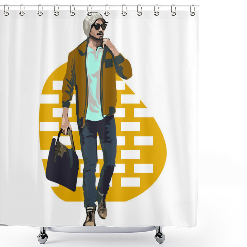 Personality  Beautiful Brunette Men A Hat. Beauty Model Male. Hairstyle. Fashionable Men. Freehand Drawing Vector. Can Be Used For Banners, Cards, Covers, Etc. Color Illustration About Fashion Street Style. Shower Curtains