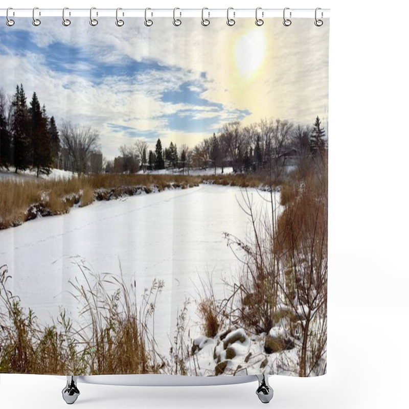 Personality  A Winter Landscape With A Frozen River Surrounded By Dry Grasses And Trees, Under A Sunny Sky With Clouds. Calm And Chilly Atmosphere. Shower Curtains