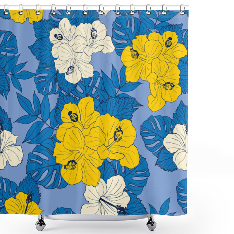 Personality  Hibiscus Flowers And Leaves Seamless Pattern Background. Tropical Nature Wrapping Paper Or Textile Design. Beautiful Print With Hand-drawn Exotic Flower. Shower Curtains