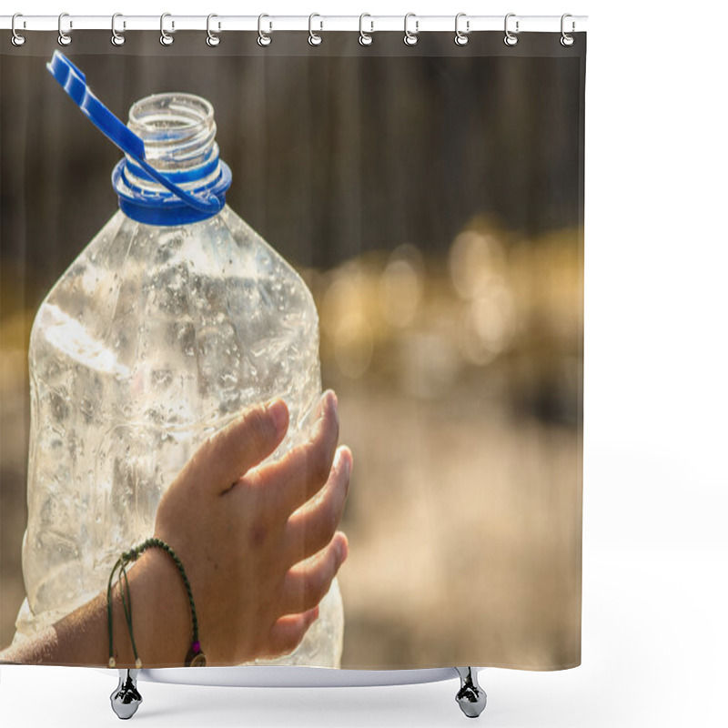 Personality  Young Girl Holds An Empty Waste Bootle  Shower Curtains