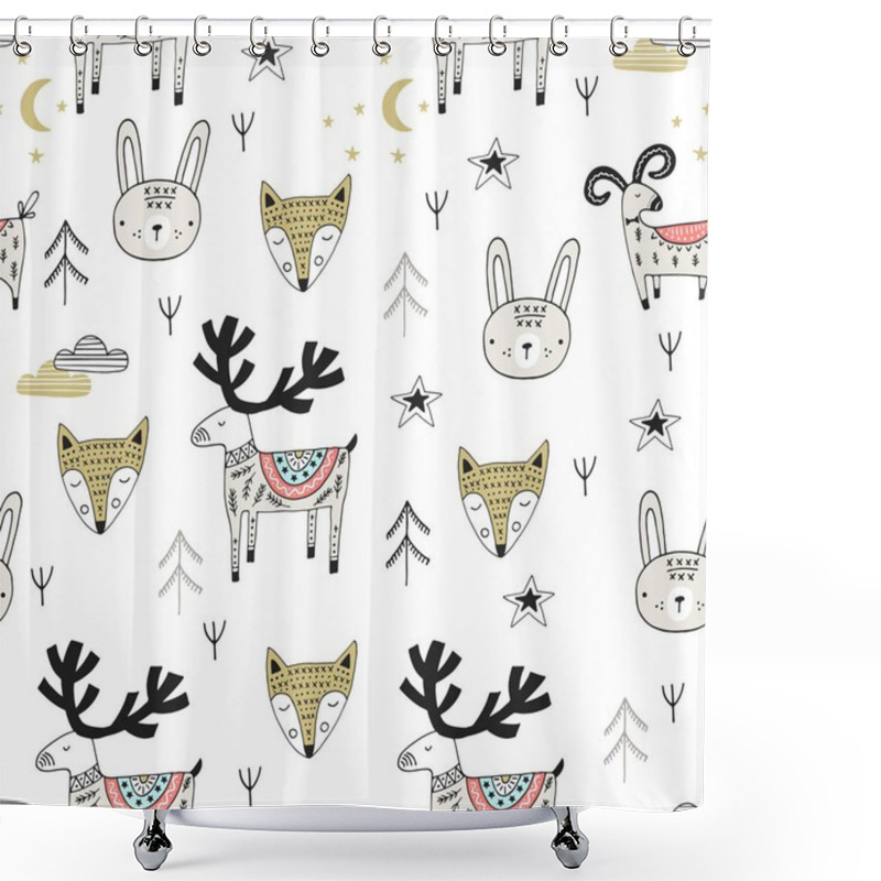 Personality  Cute Hand Drawn Nursery Seamless Pattern With Wild Animals In Scandinavian Style. Vector Illustration Shower Curtains