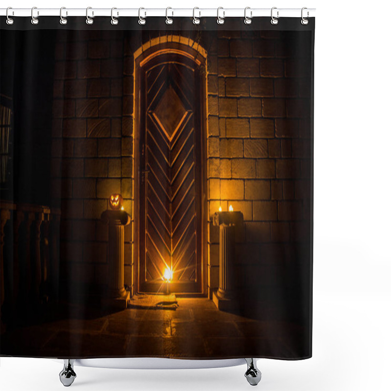 Personality  Front Door To A House Decorated With Halloween Pumpkin. Halloween Pumpkin On A Door Steep At Night Shower Curtains